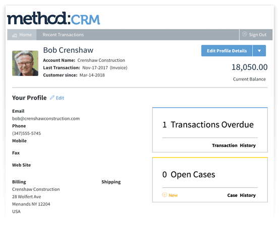 Customer portal linked to Method:CRM workflow management software