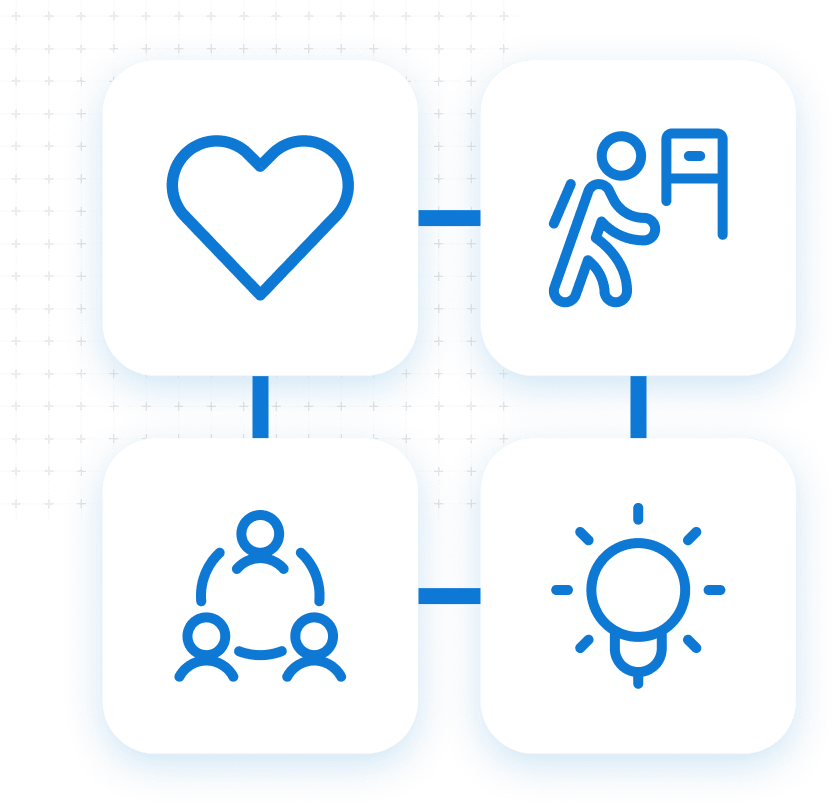 Icons of a heart, three people, a lightbulb, and a person reaching a finish line