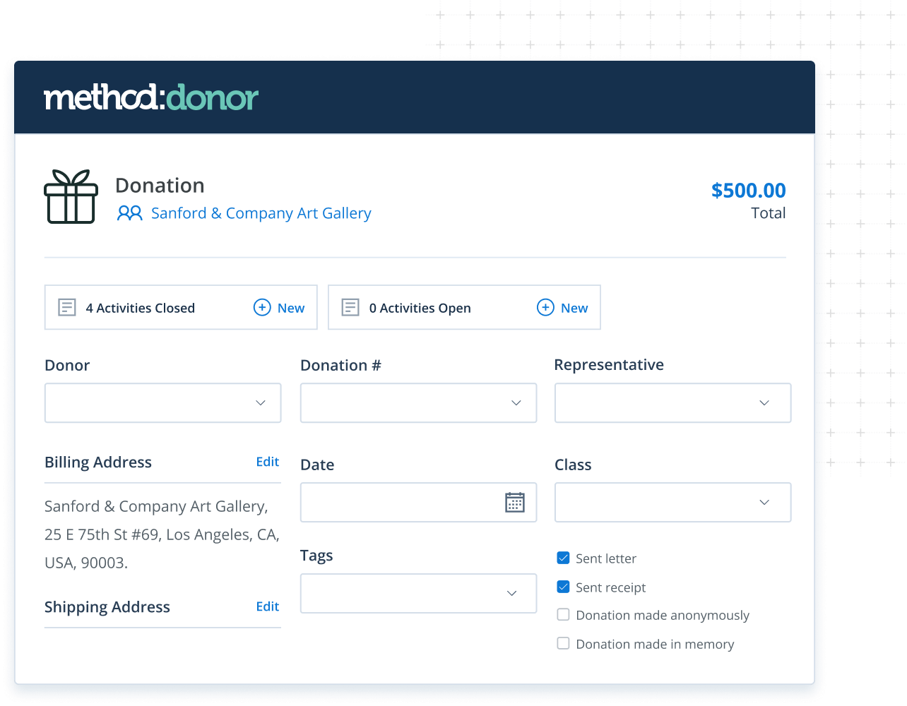 Donation screen in Method nonprofit CRM