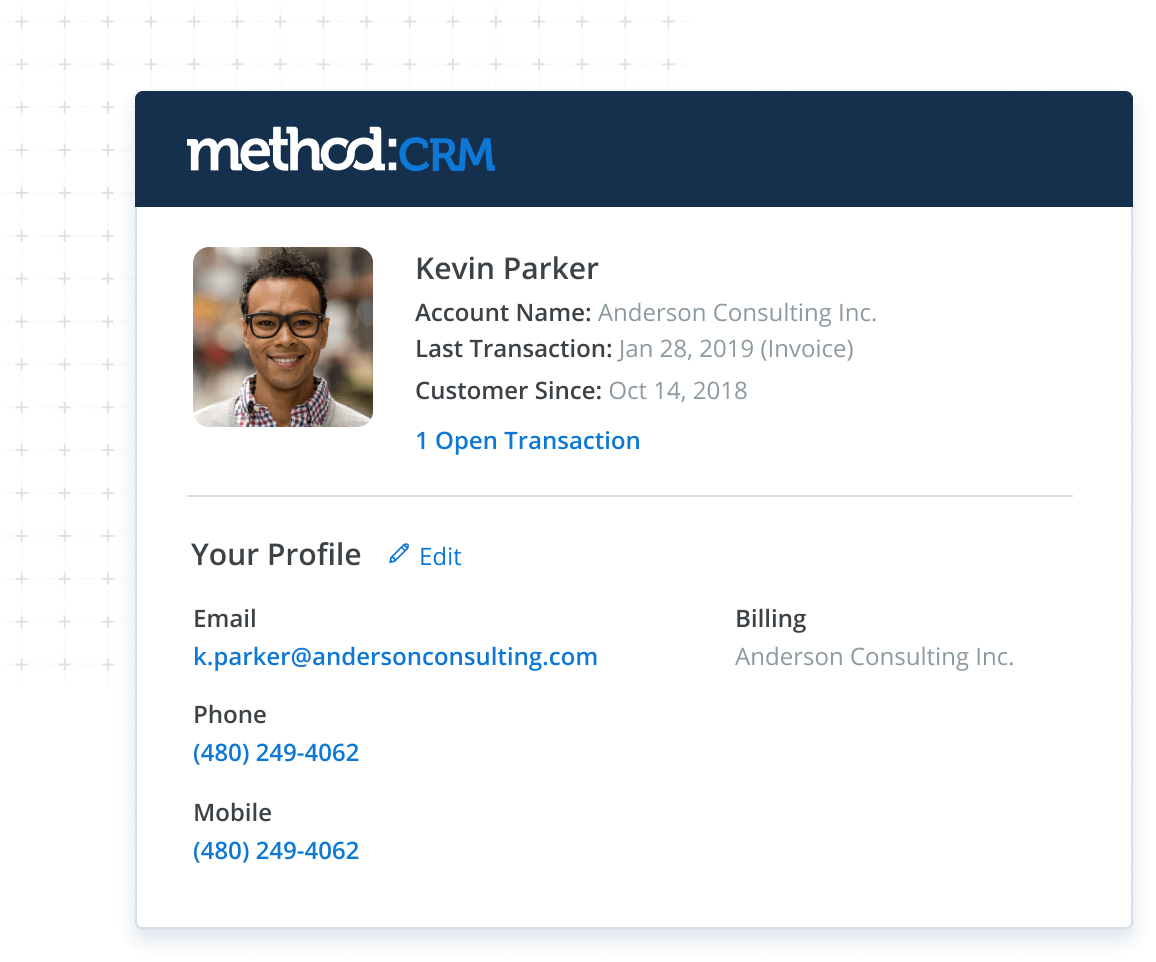Customer portal screen in a QuickBooks CRM