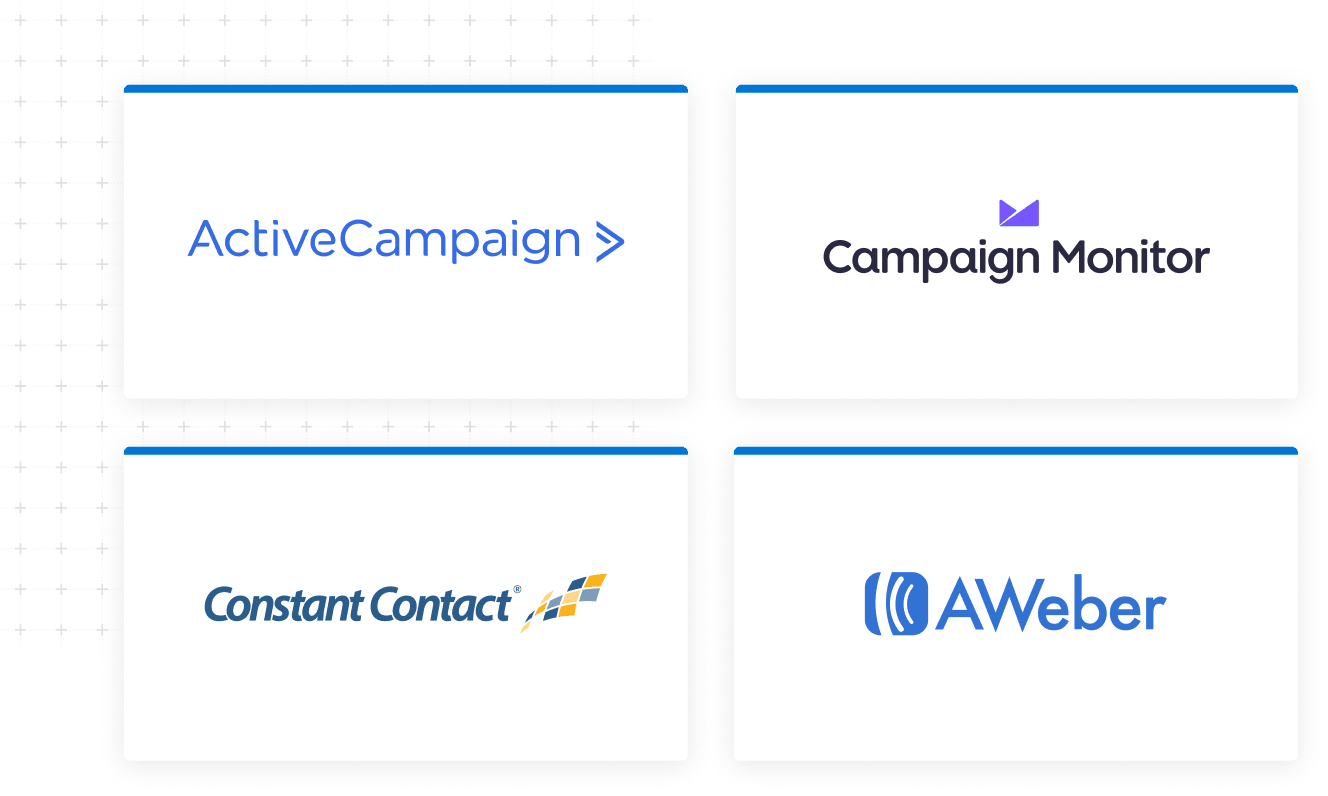 Tiles containing logos for ActiveCampaign Campaign Monitor Constant Contact AWeber