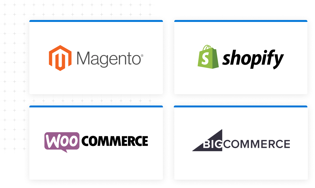 Tiles containing logos for Magento Shopify WooCommerce BigCommerce