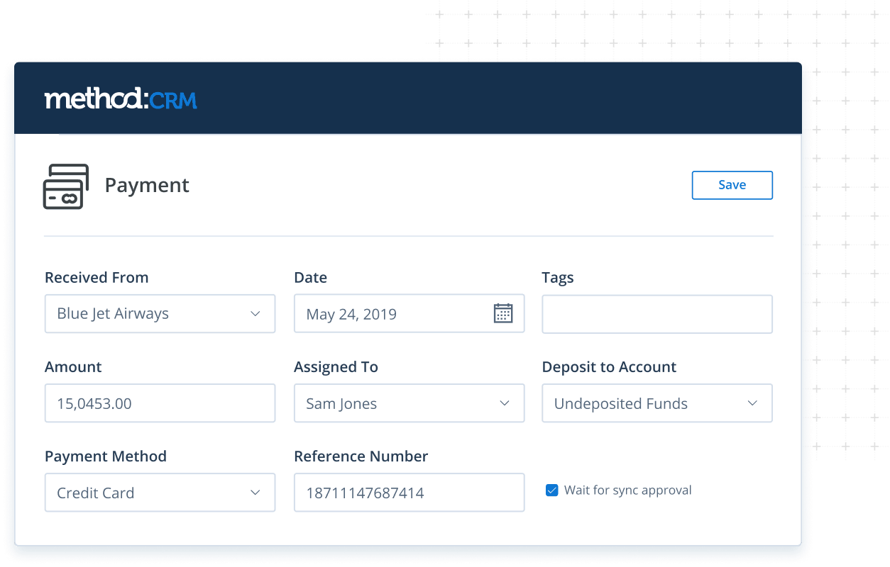 Payment screen in Method CRM for construction companies
