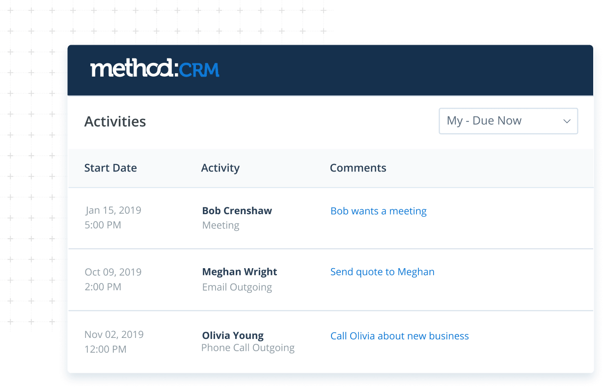 Activity list screen in Method:CRM lead management software