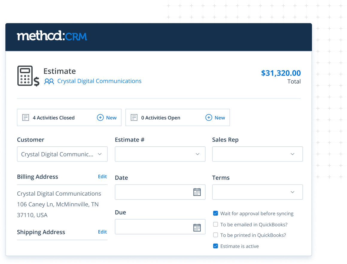 Estimate screen in Method:CRM lead management software