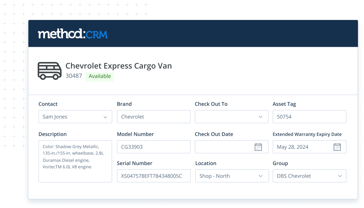 Equipment management screen in Method CRM field service management software
