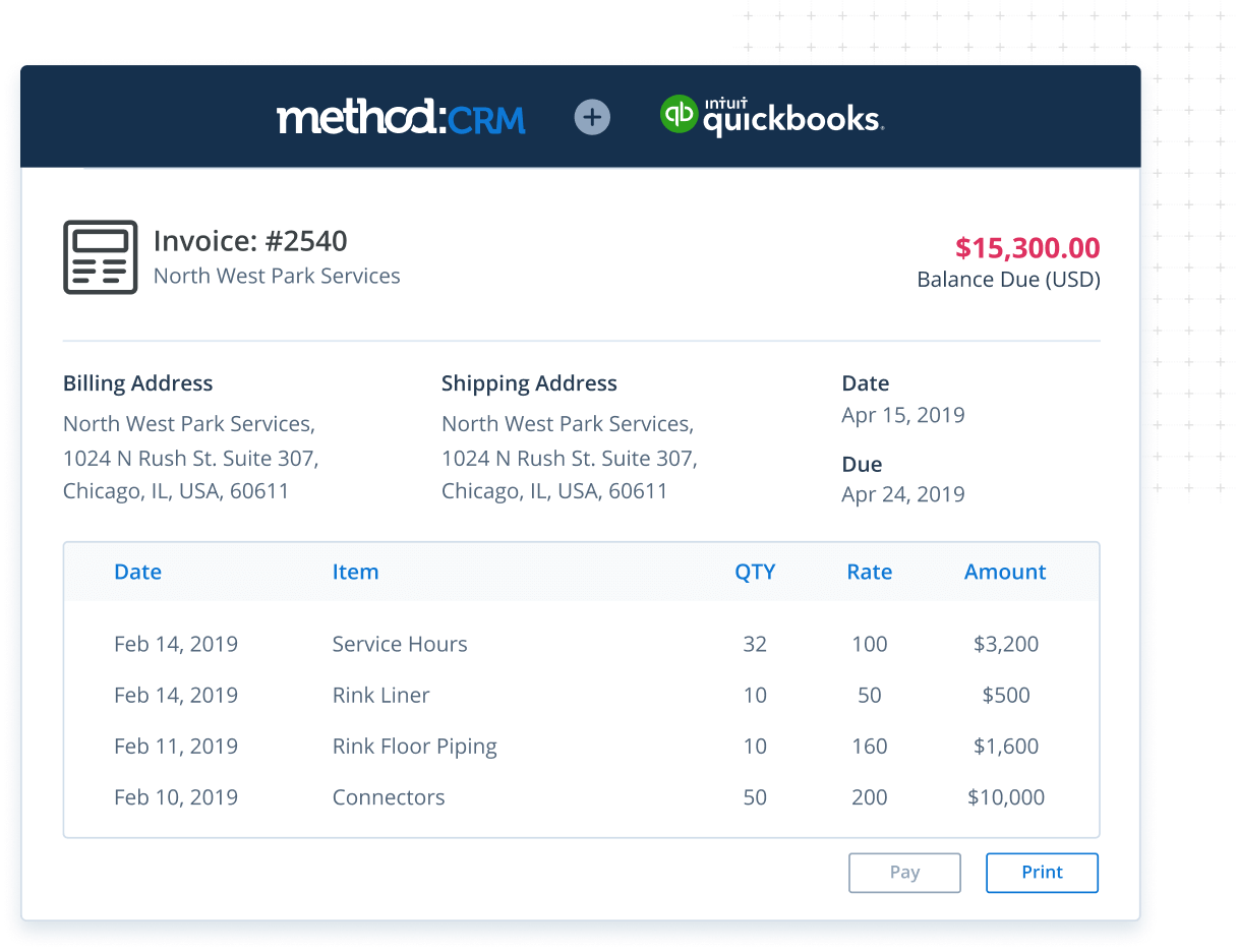 Invoice screen in Method CRM field service management software