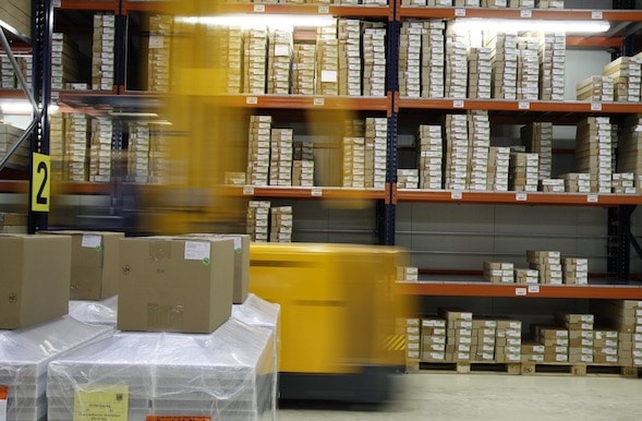Boxes on warehouse shelves