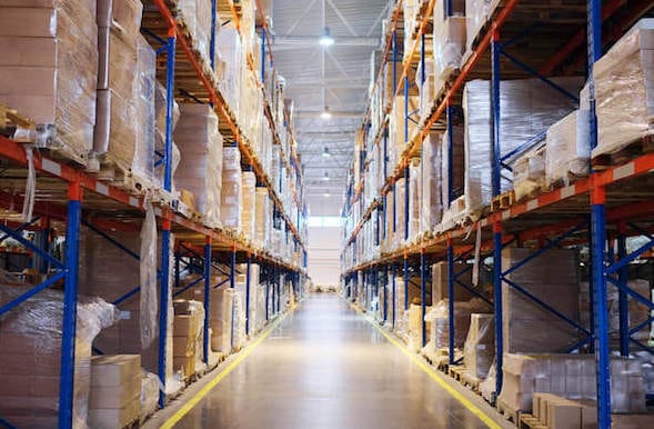 Boxes on warehouse shelves